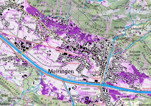 La carte montre le risque de ruissellement de surface sur le territoire de la commune de Meiringen (BE).